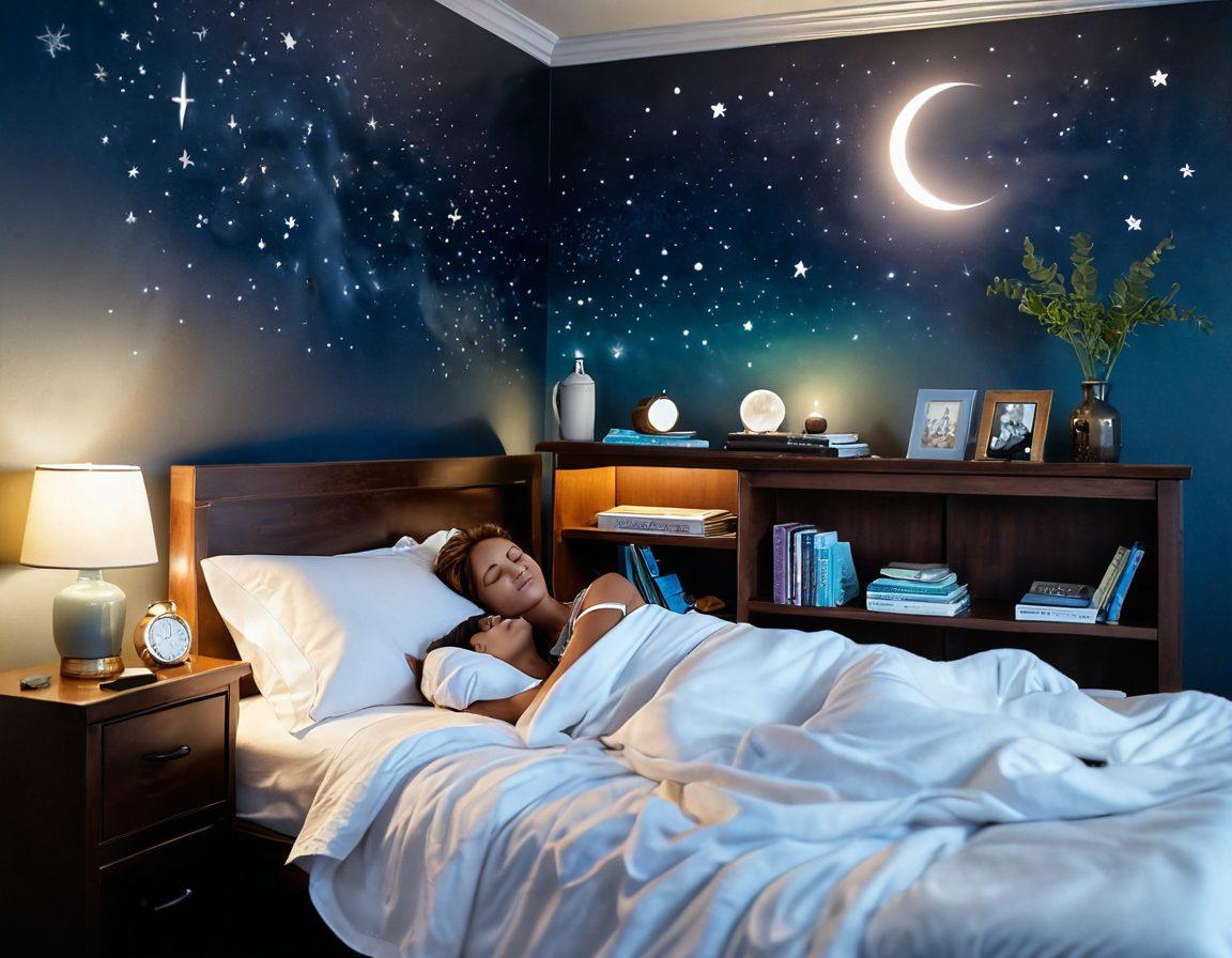 A serene bedroom scene featuring a peaceful sleeping couple with a soft glow of moonlight, alongside a side table cluttered with sleep apnea aids like a CPAP machine and herbal sleep remedies. In the background, calming elements like a night sky and a small bookshelf with wellness books create a tranquil atmosphere. Emphasize comfort and relaxation. super-realistic. soft colors. warm lighting.