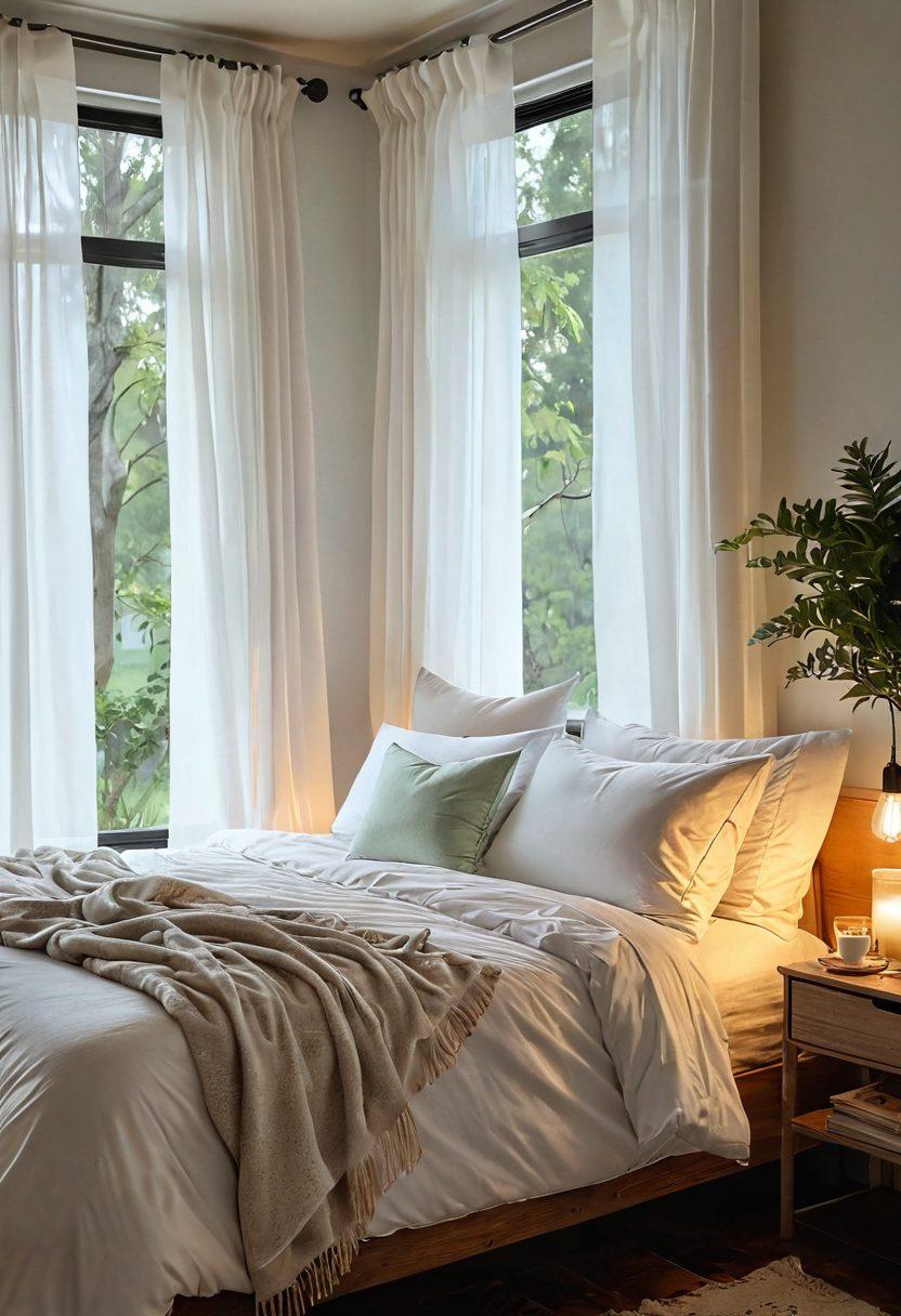 A serene bedroom scene at dawn, with soft natural light streaming through sheer curtains, a comfortable bed with fluffy pillows, and a bedside table with a glowing diffuser. Include calming elements such as a journal, herbal tea, and plants to evoke a sense of tranquility. The overall atmosphere should convey peace and rejuvenation, inspiring restful sleep. super-realistic. soft pastel colors. peaceful ambiance.