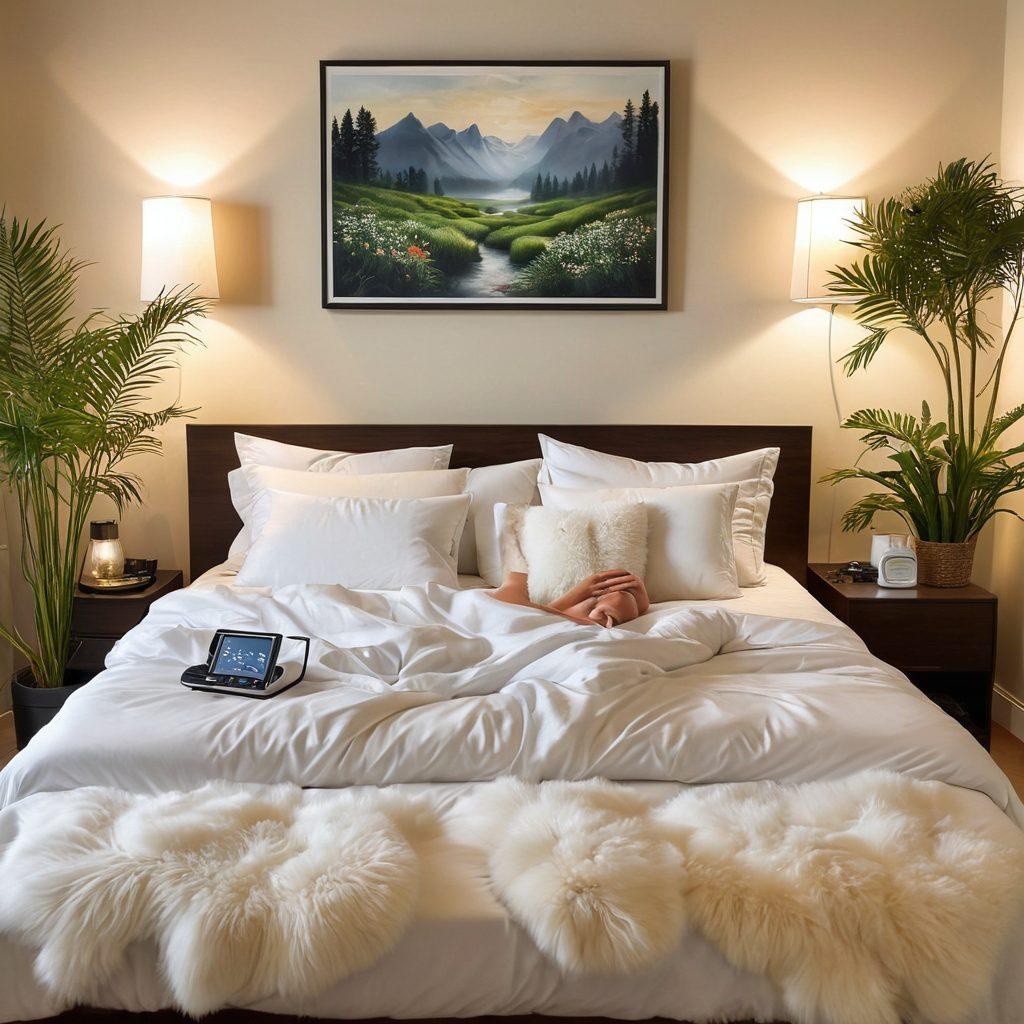 A serene bedroom setting with a comfortable bed featuring a sleek CPAP machine on a bedside table. Soft lighting casts a calming glow, and a person peacefully sleeping while wearing a CPAP mask, surrounded by fluffy pillows and soothing nature artwork on the walls. Gentle plants in the corner enhance the tranquil atmosphere. super-realistic. warm tones. inviting ambiance.